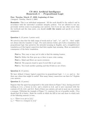 CS 4811 Artificial Intelligence Homework 3 Ã¢Â€Â” Propositional Logic