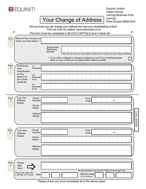 Equiniti Change of address form