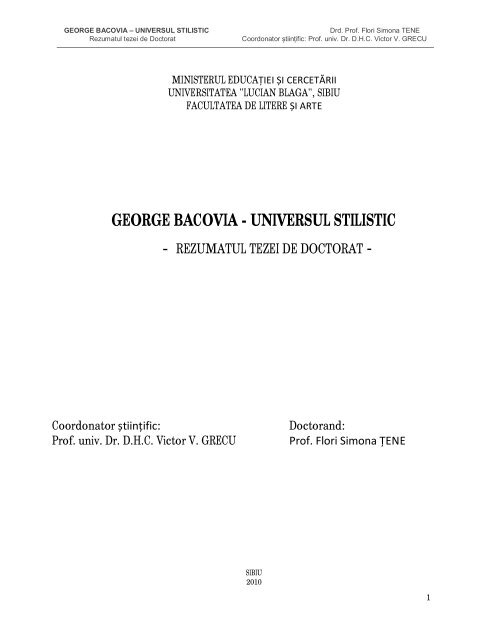 GEORGE BACOVIA - UNIVERSUL STILISTIC - Doctorate ULBS