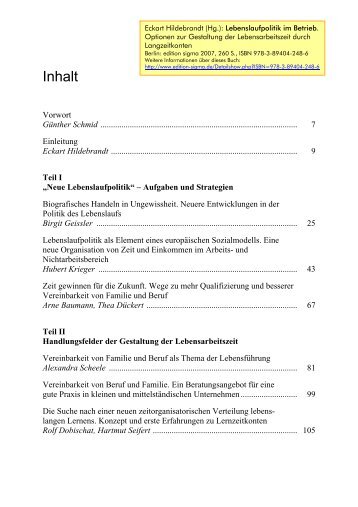 Hildebrandt (Hg.): Lebenslaufpolitik im Betrieb 2007 - Inhalt