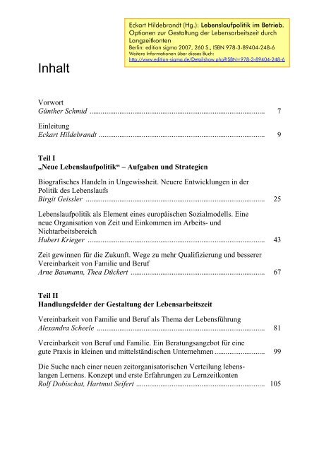 Hildebrandt (Hg.): Lebenslaufpolitik im Betrieb 2007 - Inhalt