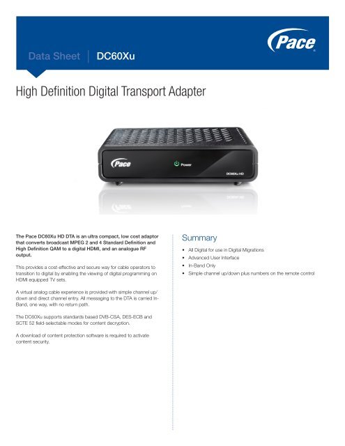 Data Sheet - Pace DC60Xu High Definition Digital Transport Adapter