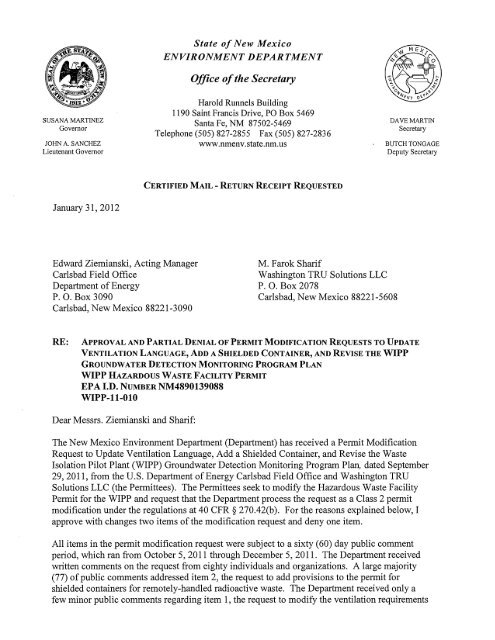 Approval and Partial Denial of Permit Modification Request to ...
