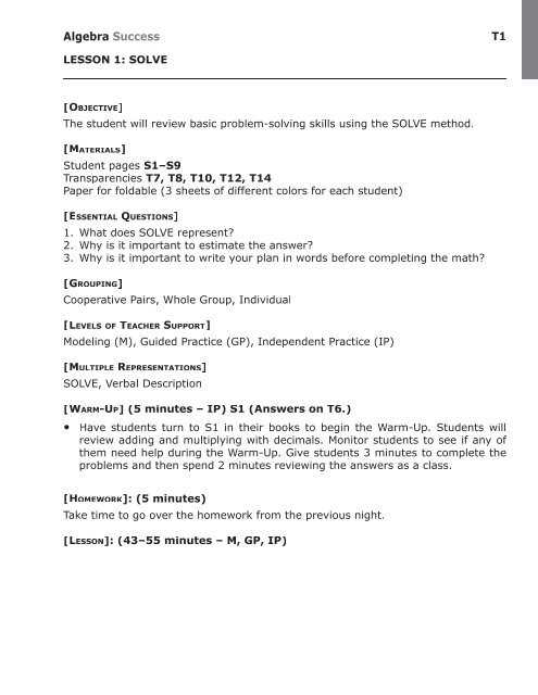 Lesson 1 10 8 0 P Indd The Key Elements Of Algebra Success