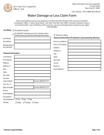 Water Damage or Loss Claim Form - NYC Office of the Comptroller