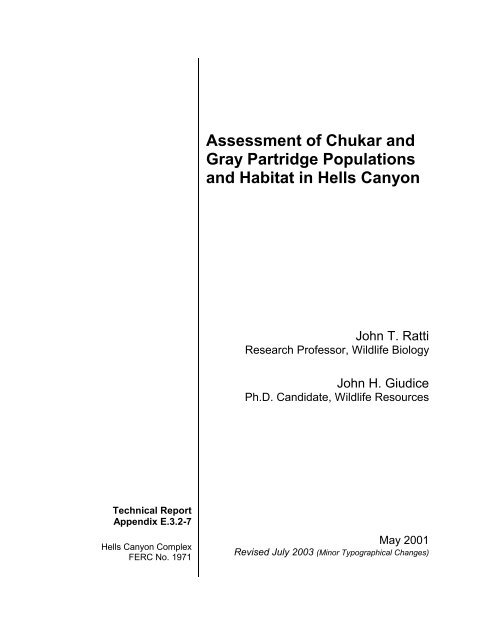 Assessment of Chukar and Gray Partridge Populations - Idaho Power