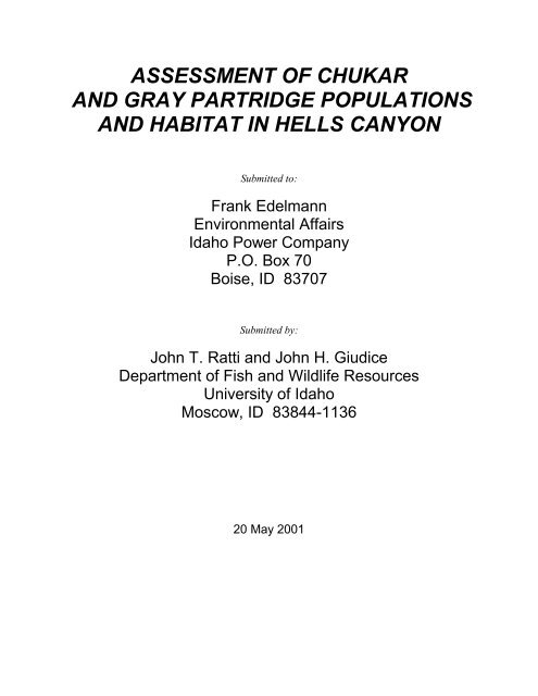 Assessment of Chukar and Gray Partridge Populations - Idaho Power