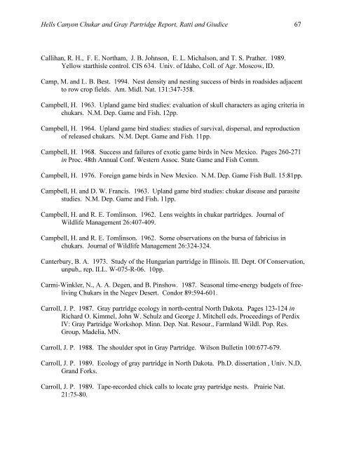 Assessment of Chukar and Gray Partridge Populations - Idaho Power