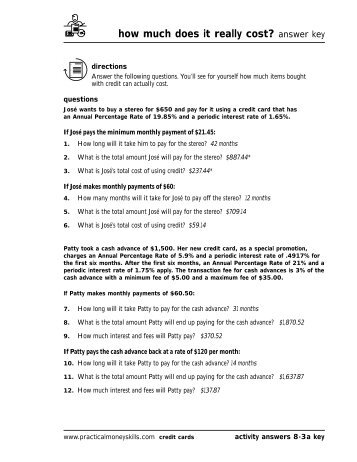 how much does it really cost? answer key - Practical Money Skills