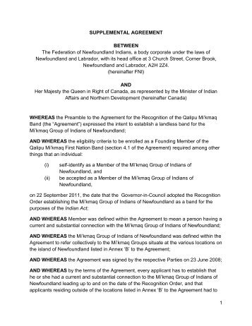 Supplemental Agreement - Qalipu Mi'kmaq - First Nation Band