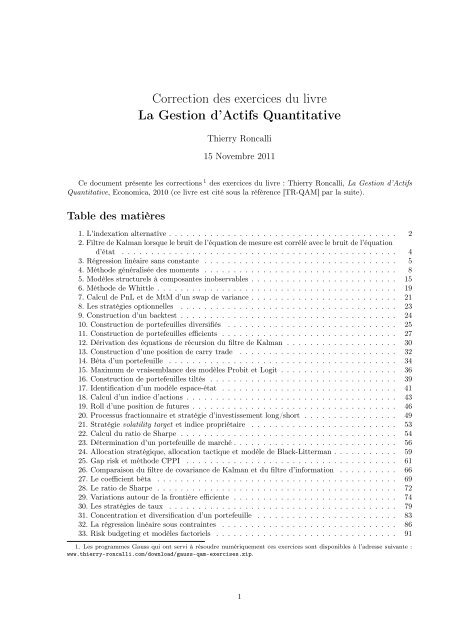 Correction des exercices du livre La Gestion d'Actifs Quantitative