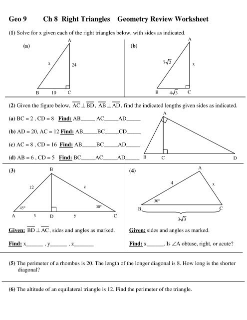 Geo 9 Ch 8 Right Triangles Geometry Review Worksheet