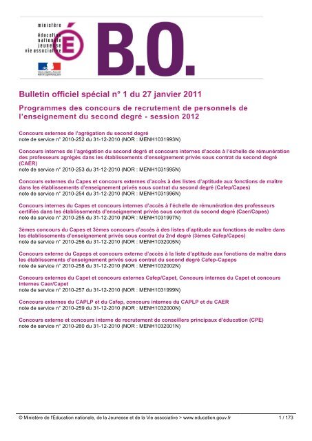 Bulletin officiel spécial n° 1 du 27 janvier 2011 - les BOEN depuis ...