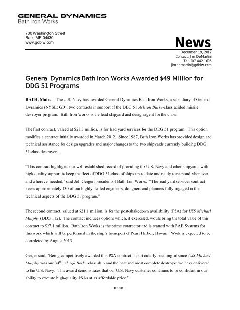 General Dynamics Bath Iron Works Awarded $49 Million for DDG 51 ...