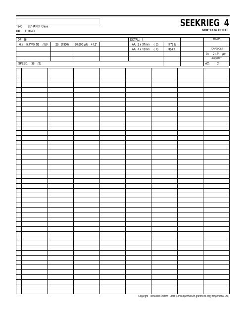 SEEKRIEG 4 Ship Log Sheets