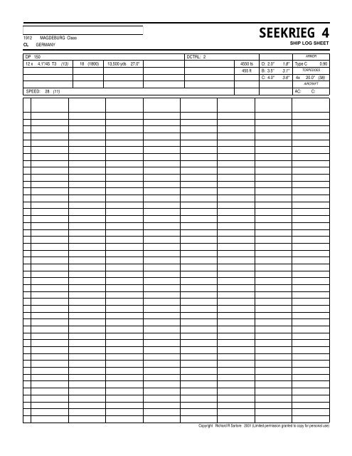 SEEKRIEG 4 Ship Log Sheets