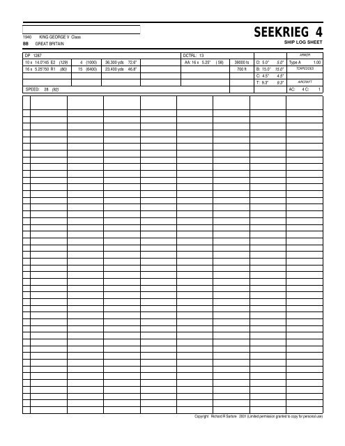 SEEKRIEG 4 Ship Log Sheets