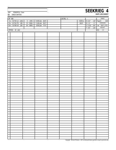 SEEKRIEG 4 Ship Log Sheets