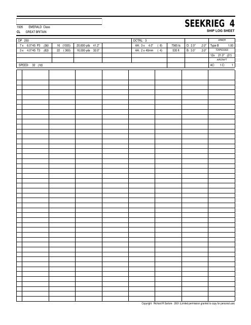 SEEKRIEG 4 Ship Log Sheets