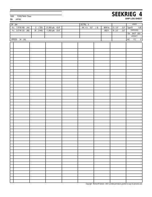 SEEKRIEG 4 Ship Log Sheets