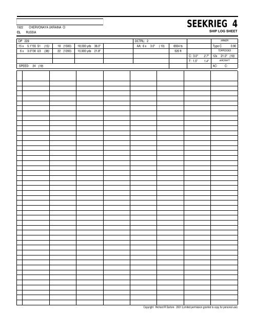 SEEKRIEG 4 Ship Log Sheets