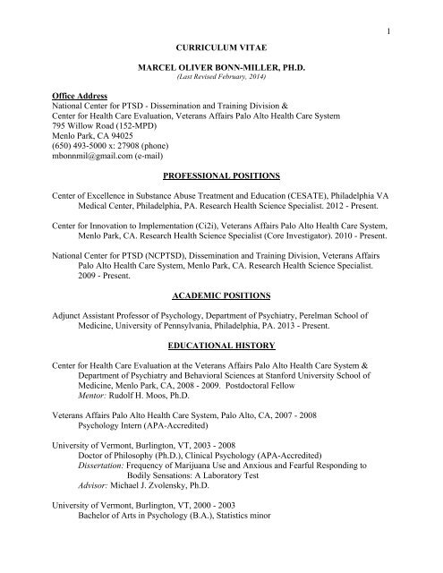 1 CURRICULUM VITAE MARCEL OLIVER BONN-MILLER, PH.D ...