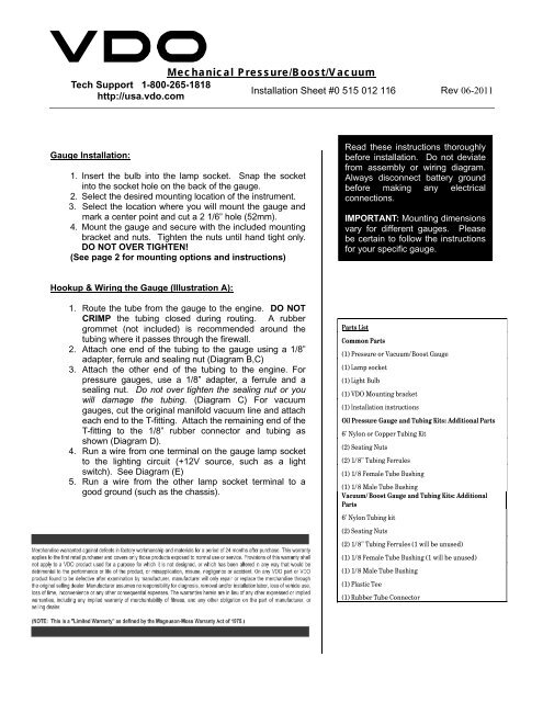 VDO Mechanical Pressure Boost Vacuum Instructions