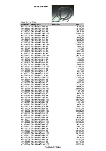 Kileremme og tandremme Prisliste 2011 - Brd. Klee A/S