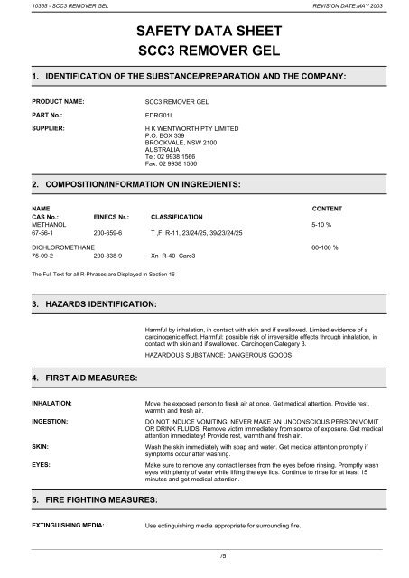 SAFETY DATA SHEET SCC3 REMOVER GEL - WES Components