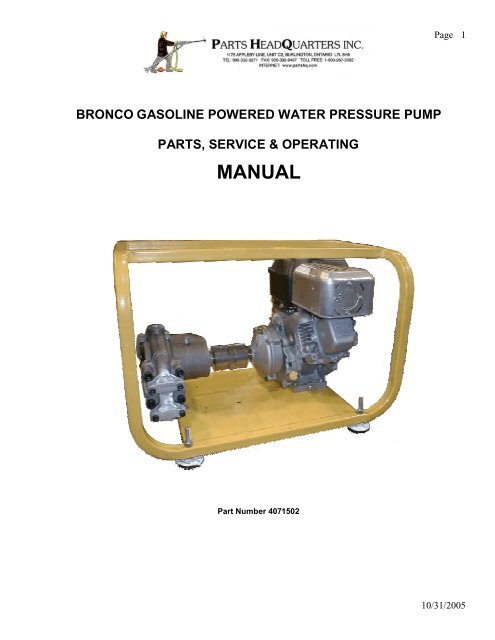 Bronco Pump (Pneumatic) Manual - Parts HeadQuarters Inc