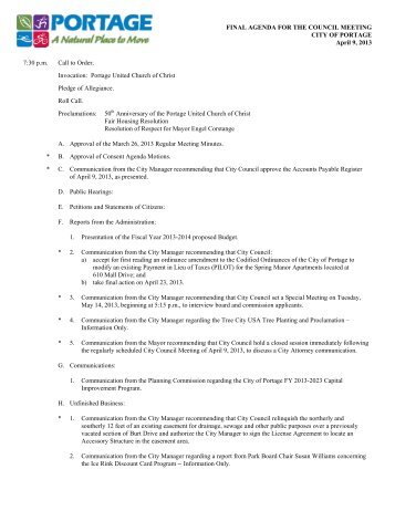 FINAL AGENDA FOR THE COUNCIL MEETING CITY OF PORTAGE ...