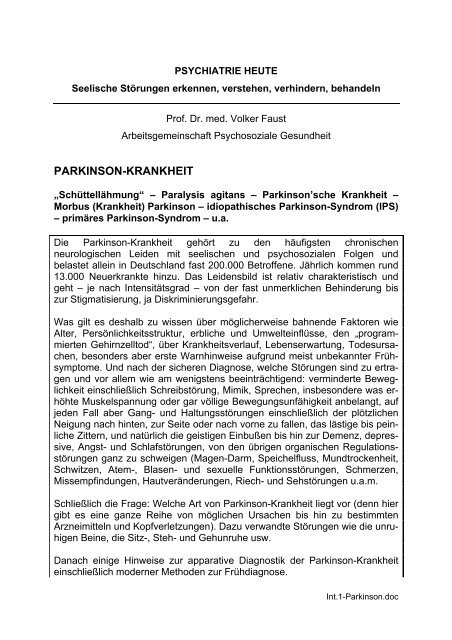 Parkinson-krankheit - Arbeitsgemeinschaft Psychosoziale Gesundheit