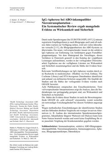 IgG-Apherese bei ABO-inkompatibler Nierentransplantation – Ein ...