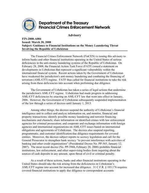 Financial Crimes Enforcement Network (FinCEN) Advisory ... - OCC