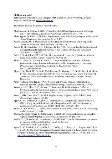 1 A Children and grief. Reference list compiled by Atle Dyregrov ...
