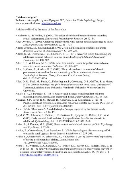 1 A Children and grief. Reference list compiled by Atle Dyregrov ...