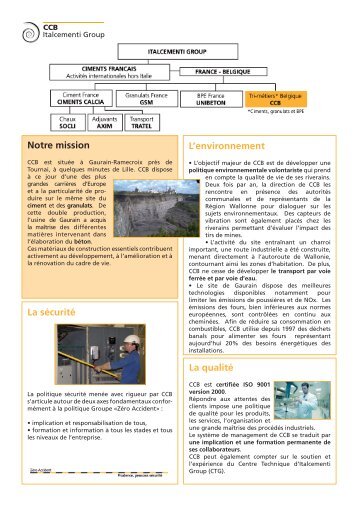 L'environnement Notre mission La sécurité La qualité - Ciments Calcia