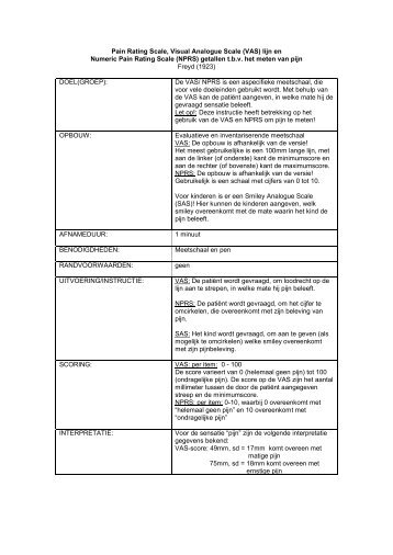 Pain Rating Scale, Visual Analogue Scale (VAS) lijn en Numeric ...