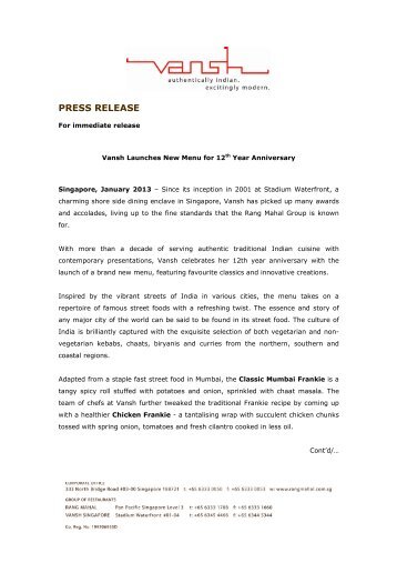 Vansh New Menu 12 th Year Press Release - Rang Mahal