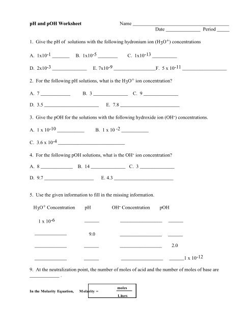 Ph and poh worksheet