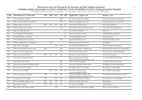 Dutch hymns and English equivalents - Dutch Church