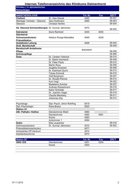 Internes Telefonverzeichnis des Klinikums Delmenhorst