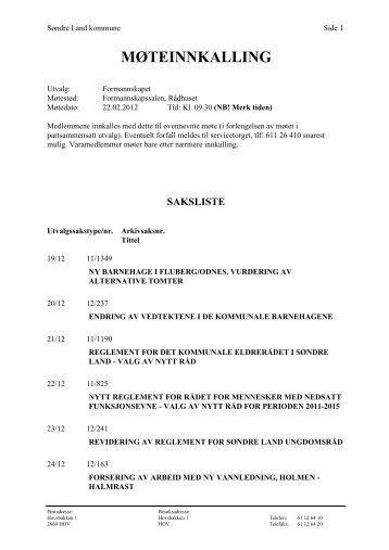 MÃ¸teinnkalling og sakliste - SÃ¸ndre Land kommune