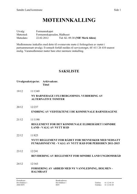 MÃ¸teinnkalling og sakliste - SÃ¸ndre Land kommune