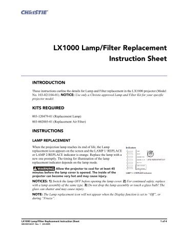 LX1000 Lamp/Filter Replacement Instruction Sheet - Christie