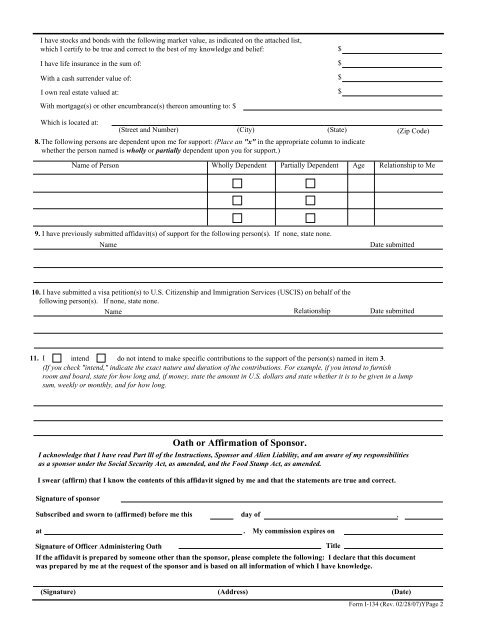 I-134, Affidavit of Support Form