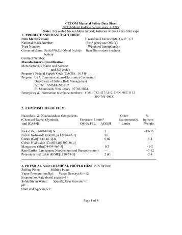 CECOM Material Safety Data Sheet Nickel-Metal hydride battery ...