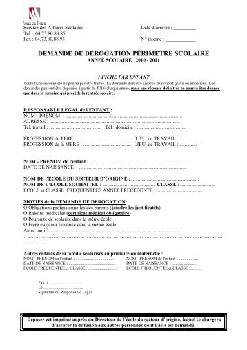 DEMANDE DE DEROGATION PERIMETRE SCOLAIRE - Thiers