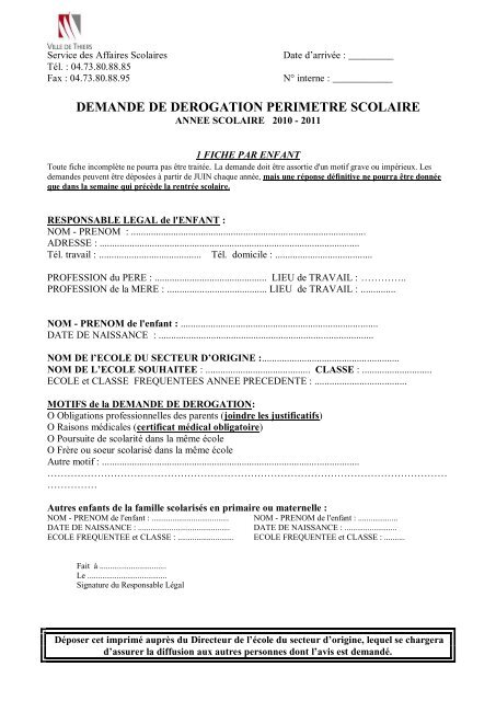 DEMANDE DE DEROGATION PERIMETRE SCOLAIRE - Thiers