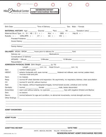 322-0830 NEWBORN ADMIT FORM rev 07-10